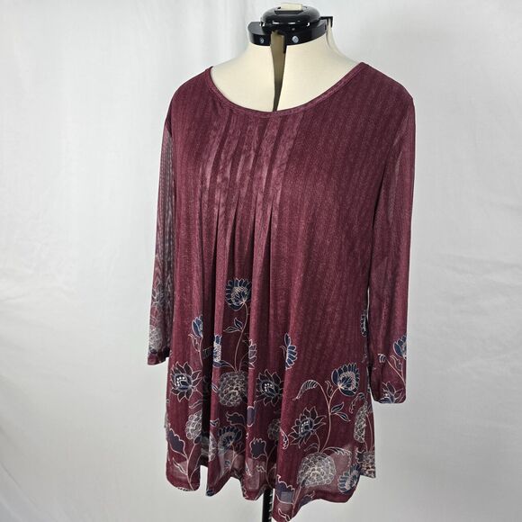 Timeson Blouse Women's 3XL Burgundy Floral Ruffle 3/4 Sleeve Round Neckline NWT - Picture 16 of 16